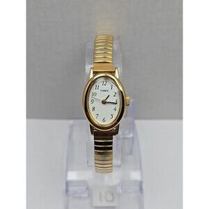 Timex Cavatina Gold Tone Oval Womens Quartz Watch Stretch Band New Battery Dress